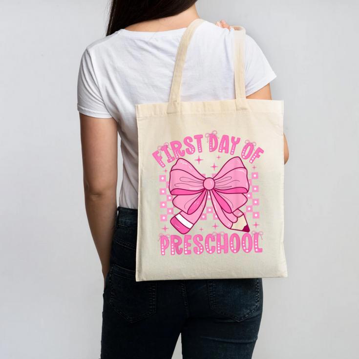 First Day Of Preschool Coquette Bow Back To School Girls Canvas Tote Bag
