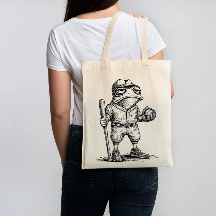 Frog Basketbal Men Women Grumpy Frog Playing Baseball Canvas Tote Bag