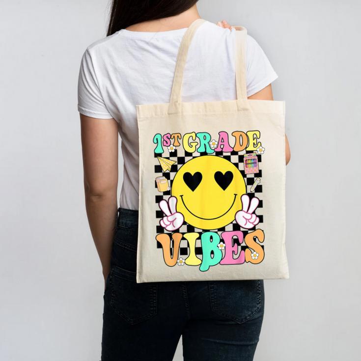 Girls 1st Grade Vibes Smile Face Back To School First Grade Canvas Tote Bag
