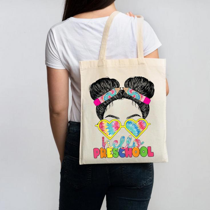 Hello Preschool Messy Bun Tie Dye Back To School Girls Kids Canvas Tote Bag
