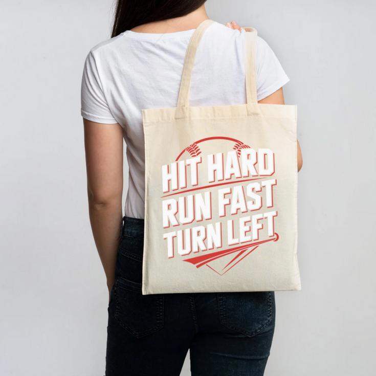 Hit Hard Run Fast Turn Left Baseball Fan Red Graphic Canvas Tote Bag