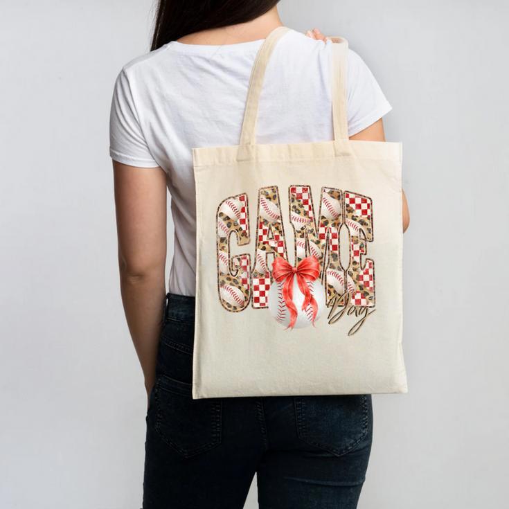 Leopard Checkered Game Day Baseball Coquette Bow Women Girls Canvas Tote Bag