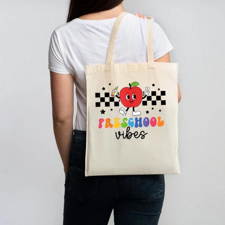 Preschool Vibes Retro Groovy Apple Back To School Canvas Tote Bag