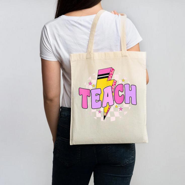 Retro Checkered Teach Pencil Lightning Back To School Canvas Tote Bag