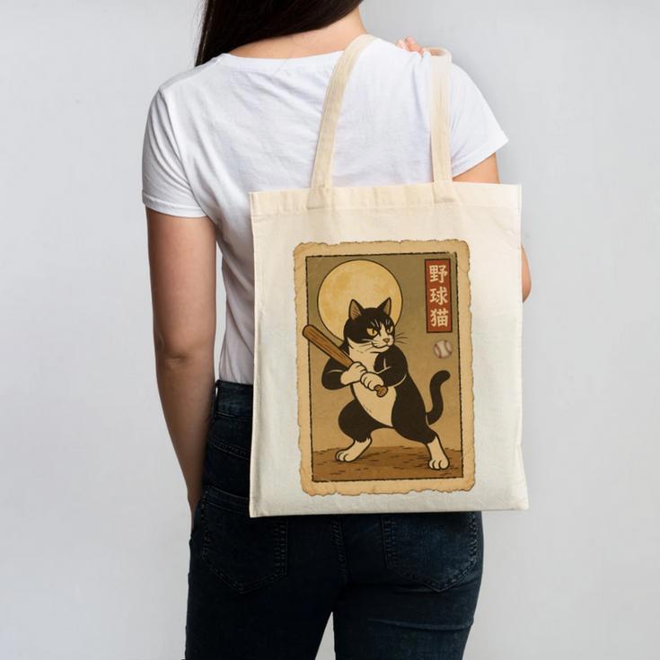 Vintage Japanese Ukiyo-e Baseball Cat Batting Canvas Tote Bag