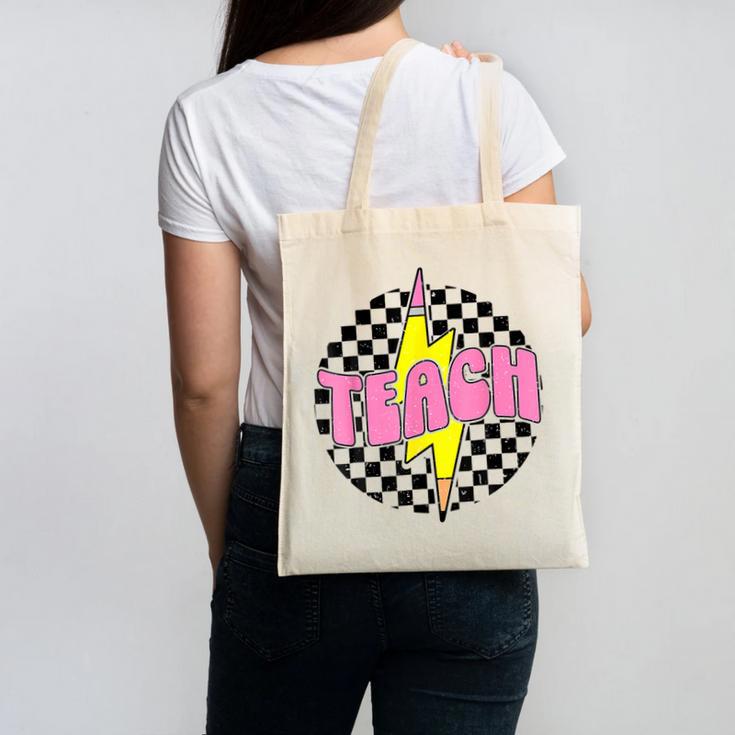 Women Checkered Teach Pencil Lightning Bolt Back To School Canvas Tote Bag
