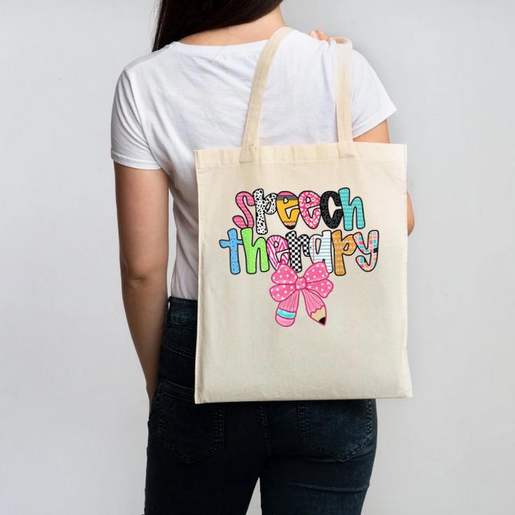 Women Speech Therapy Coquette Bow Pencil Back To School SLP Canvas Tote Bag
