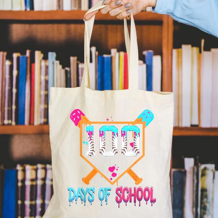 100 Days Of School Baseball Ice Cream Drip 100th Day School Canvas Tote Bag