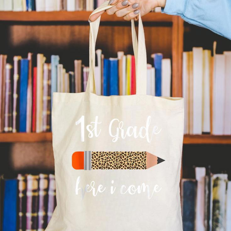 1st Grade Here I Come Leopard Pencil Back To School Student Canvas Tote Bag