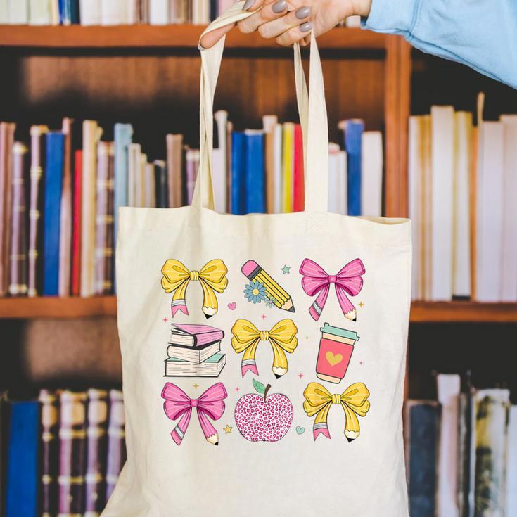Apple Coquette Bow Books First Day Of School Back To School Canvas Tote Bag Apple Coquette Bow Books First Day Of School Back To School Canvas Tote Bag