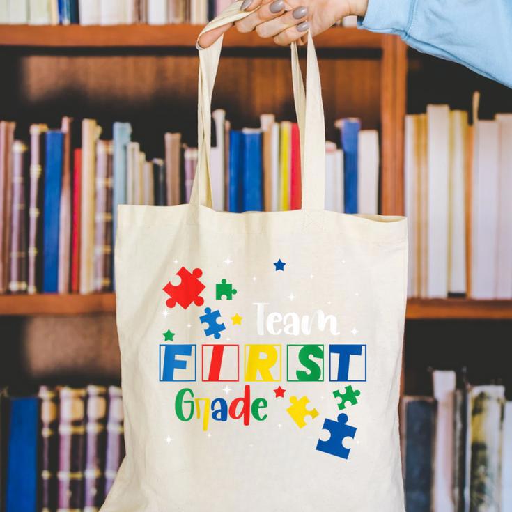 Back To School Autism Puzzle Pieces Autistic First Grade ASD Canvas Tote Bag Back To School Autism Puzzle Pieces Autistic First Grade ASD Canvas Tote Bag