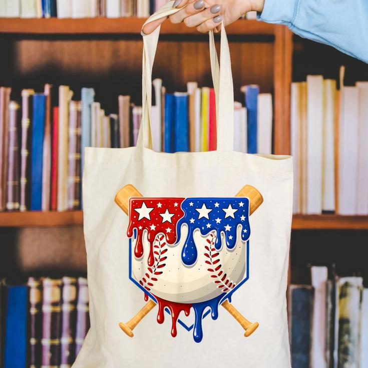 Baseball Drip American Flag Home Plate 4th Of July Patriotic Canvas Tote Bag