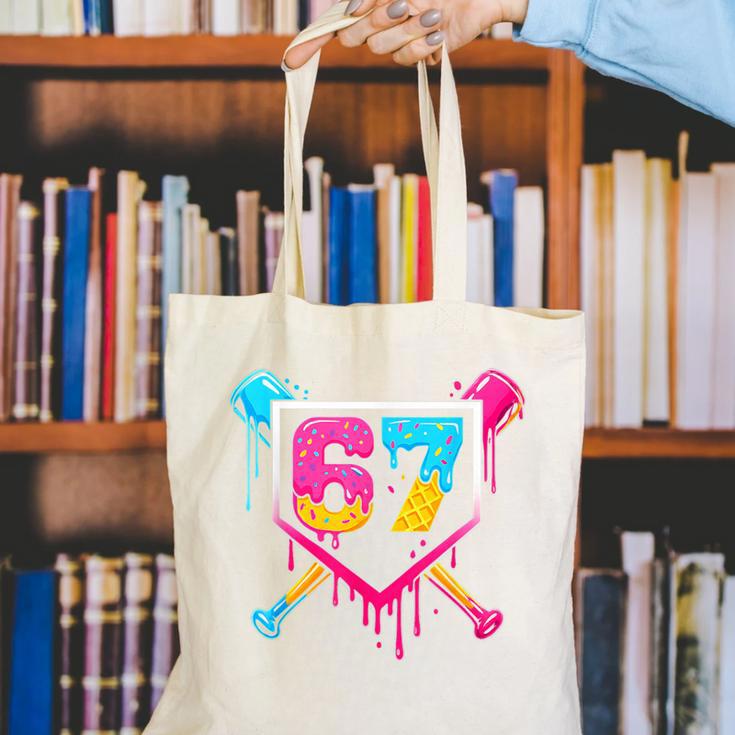 Baseball Ice Cream Drip 67 Meme Six Seven 67th Birthday Canvas Tote Bag