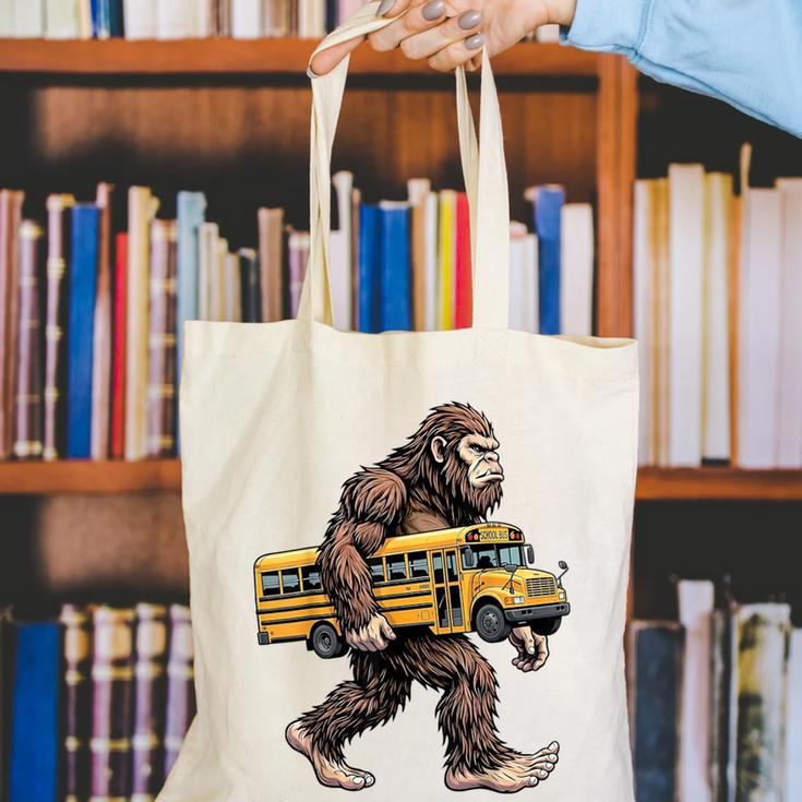 Bigfoot Carrying School Bus Sasquatch Back To School Canvas Tote Bag