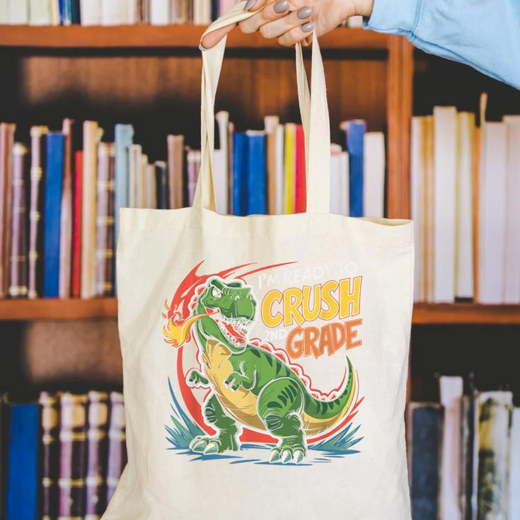 Boy Kid Ready To Crush 2nd Grade Dinosaur Back To School Canvas Tote Bag Boy Kid Ready To Crush 2nd Grade Dinosaur Back To School Canvas Tote Bag