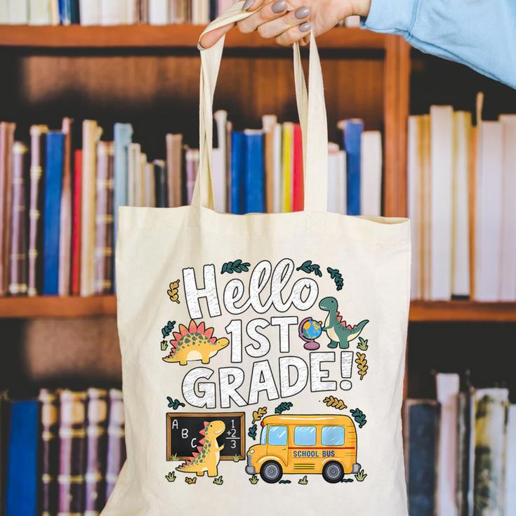 Cute Hello 1st Grade Dinosaur School Back To School Dino Bus Canvas Tote Bag Cute Hello 1st Grade Dinosaur School Back To School Dino Bus Canvas Tote Bag