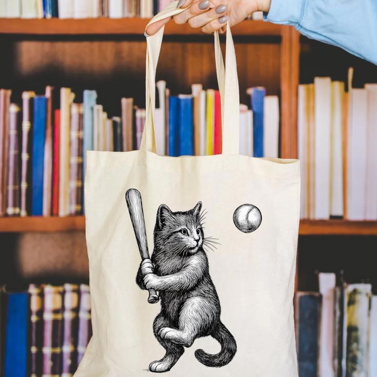 Cute Kitten Playing Baseball Hitter Bat Cool Baseball Cat Canvas Tote Bag