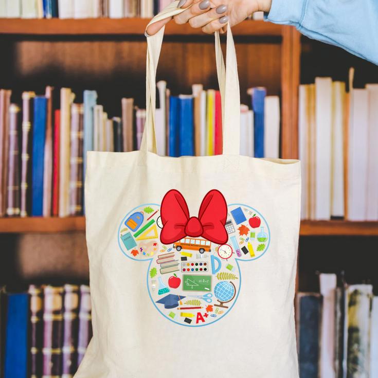 Disney Minnie Mouse Back To School Supplies Face Outline Canvas Tote Bag Disney Minnie Mouse Back To School Supplies Face Outline Canvas Tote Bag