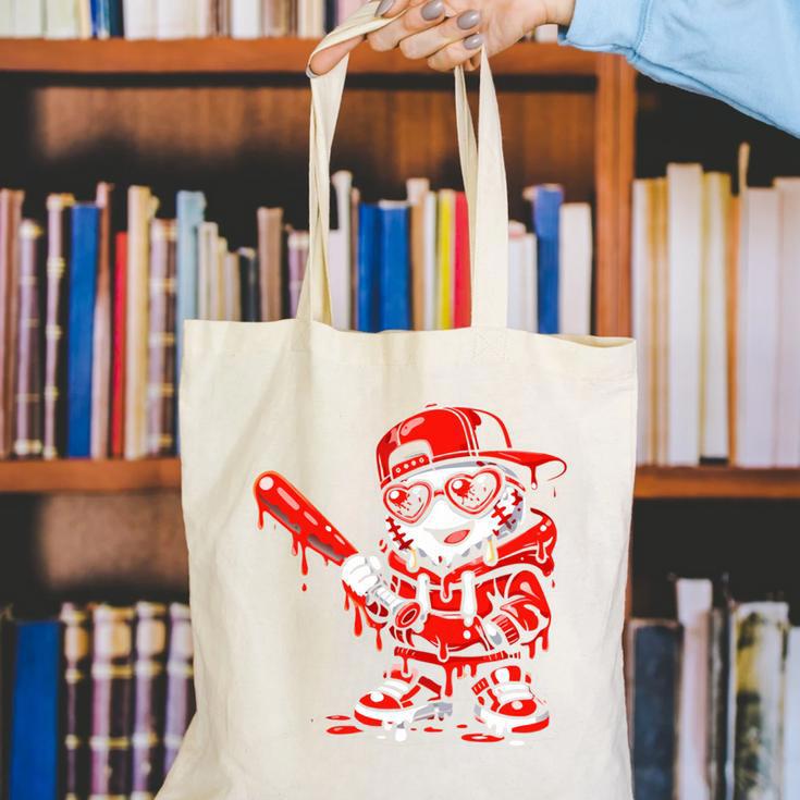 Drippy Baseball Mascot Valentine Heart Glasses Cartoon Canvas Tote Bag