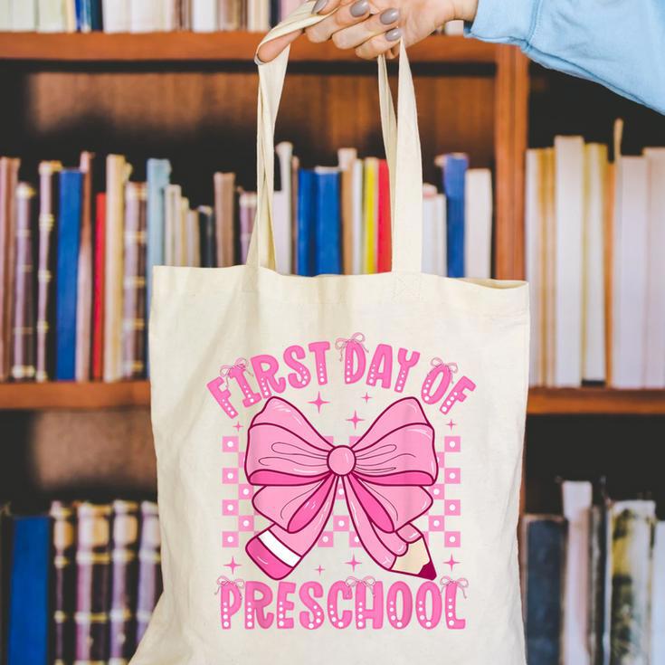 First Day Of Preschool Coquette Bow Back To School Girls Canvas Tote Bag First Day Of Preschool Coquette Bow Back To School Girls Canvas Tote Bag