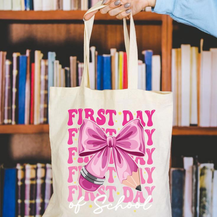 First Day Of School Girls Coquette Bow Back To School Performance Canvas Tote Bag First Day Of School Girls Coquette Bow Back To School Performance Canvas Tote Bag