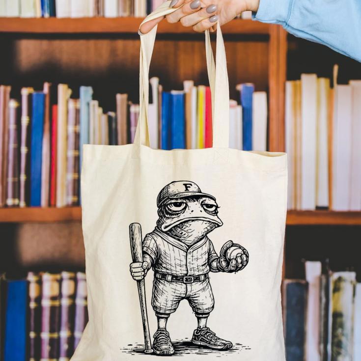 Frog Basketbal Men Women Grumpy Frog Playing Baseball Canvas Tote Bag