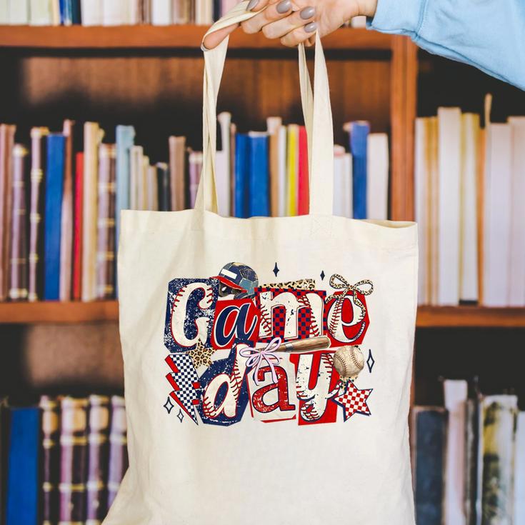 Game Day Baseball Leopard Coquette Bow Mama Mom Sister Canvas Tote Bag