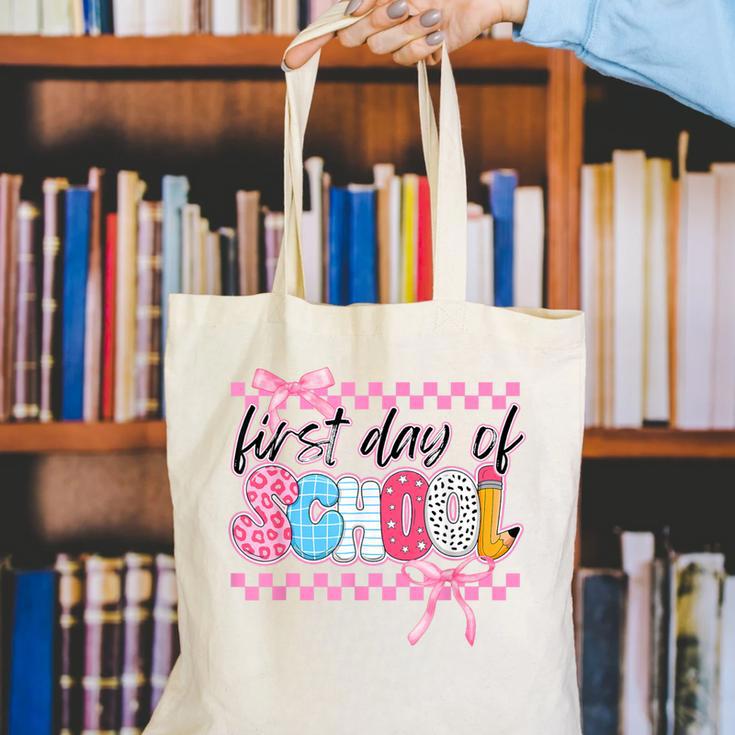 Girl First Day Of School Coquette Bow Pink Back To School Canvas Tote Bag