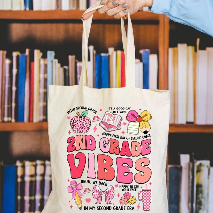 Girls 2nd Grade Vibes Coquette Pink Bow Back To School Canvas Tote Bag Girls 2nd Grade Vibes Coquette Pink Bow Back To School Canvas Tote Bag