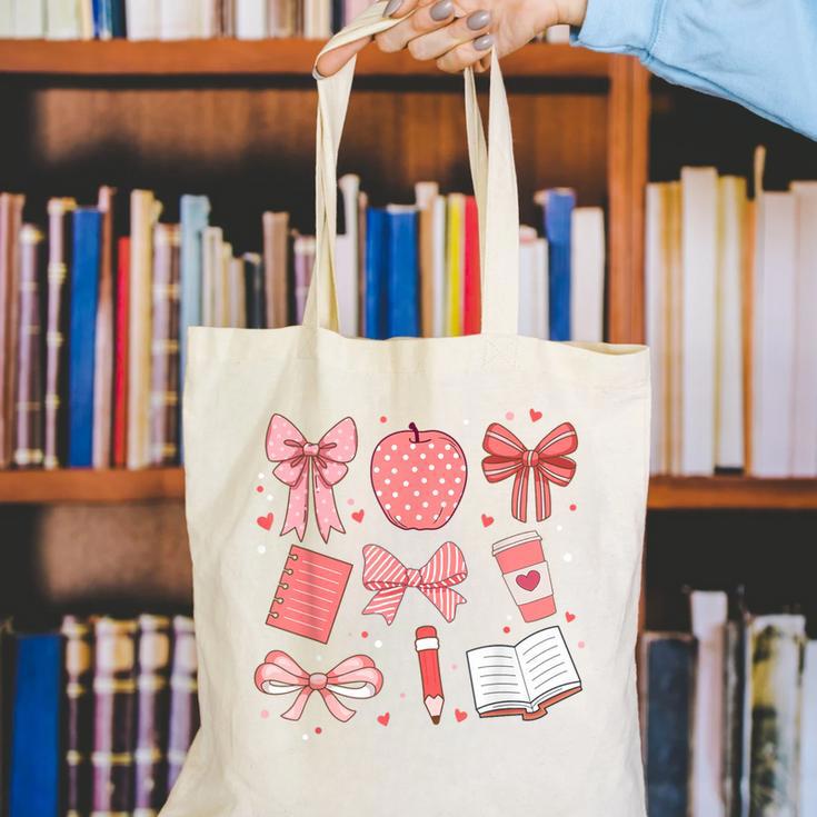 Happy Back To School 1st Day Toddler Girl Boho Coquette Bows Canvas Tote Bag Happy Back To School 1st Day Toddler Girl Boho Coquette Bows Canvas Tote Bag