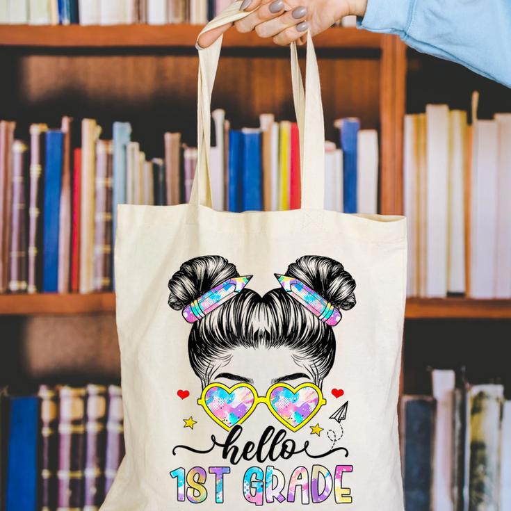 Hello 1st Grade Messy Bun Girl Back To School First Day Canvas Tote Bag Hello 1st Grade Messy Bun Girl Back To School First Day Canvas Tote Bag