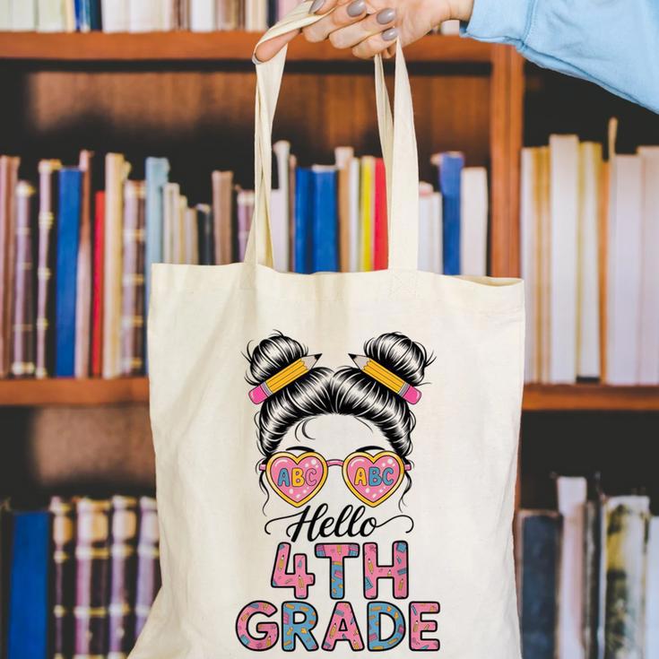 Hello 4th Grade Messy Bun Hair Back To School Girls Canvas Tote Bag Hello 4th Grade Messy Bun Hair Back To School Girls Canvas Tote Bag