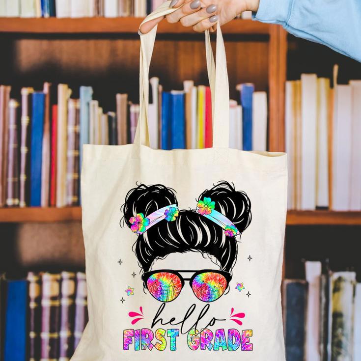 Hello First Grade Shirt Messy Bun Tie Dye Back To School Canvas Tote Bag Hello First Grade Shirt Messy Bun Tie Dye Back To School Canvas Tote Bag