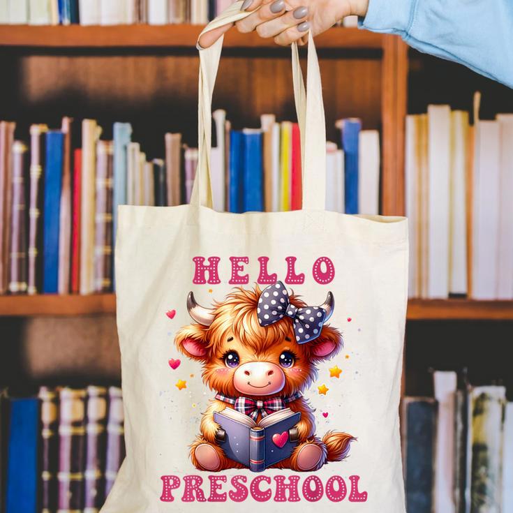 Hello Preschool Cute Highland Cow Lover Back To School Canvas Tote Bag Hello Preschool Cute Highland Cow Lover Back To School Canvas Tote Bag