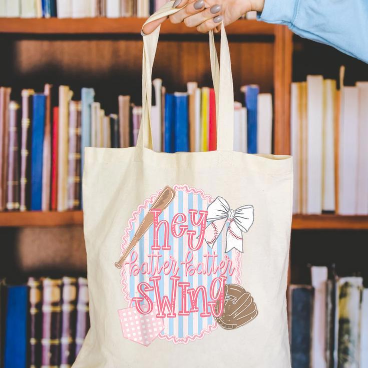 Hey Batter Batter Swing Baseball Game Day Coquette Bow Girly Canvas Tote Bag