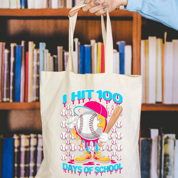 I Hit 100 Days Of School Baseball Ice Cream Drip Canvas Tote Bag I Hit 100 Days Of School Baseball Ice Cream Drip Canvas Tote Bag