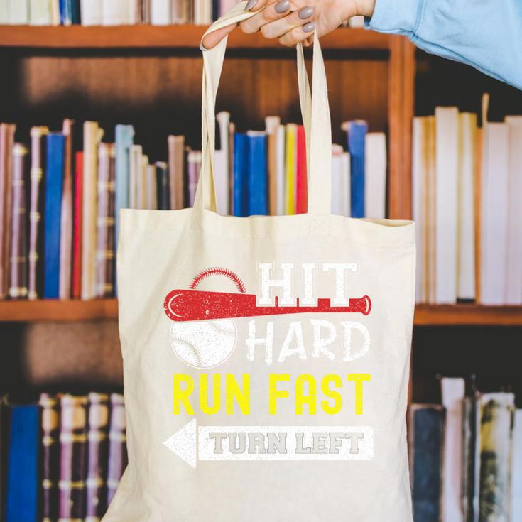 Hit Hard Run Fast Turn Left Baseball Quote Fan Coach Premium Tri-Blend Canvas Tote Bag