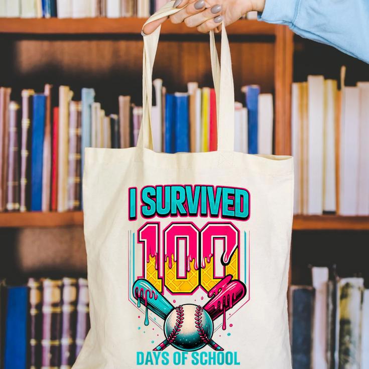 HUGvyn I Survived 100 Days Baseball Teacher Ice Cream Drip Canvas Tote Bag