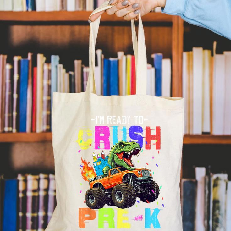 I'm Ready To Crush Pre-k Dinosaur Truck Back To School Boys Canvas Tote Bag I'm Ready To Crush Pre-k Dinosaur Truck Back To School Boys Canvas Tote Bag