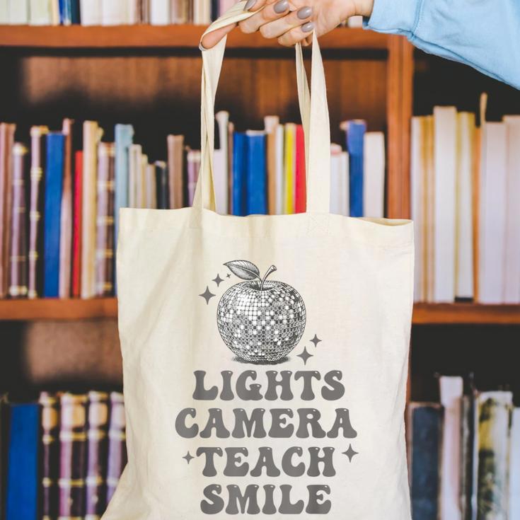 Lights Camera Teach Smile Disco-Ball Back To School Outfit Canvas Tote Bag Lights Camera Teach Smile Disco-Ball Back To School Outfit Canvas Tote Bag