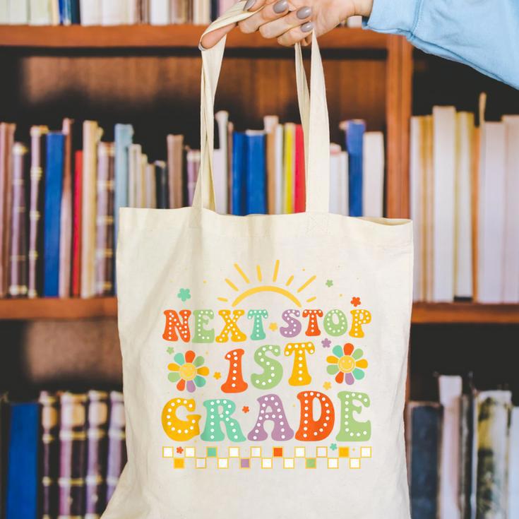 Next Stop 1st Grade Groovy Retro First Grade Back To School Canvas Tote Bag Next Stop 1st Grade Groovy Retro First Grade Back To School Canvas Tote Bag