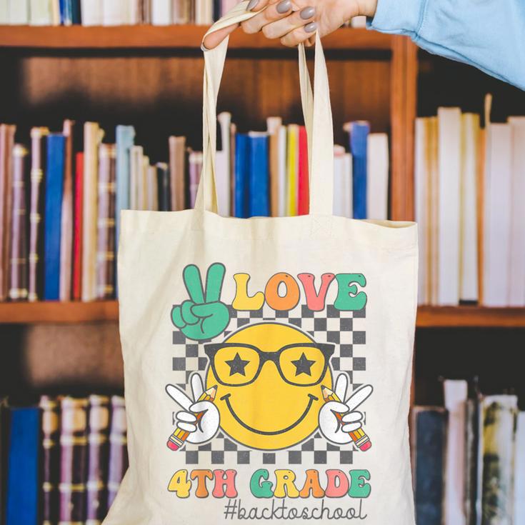 Peace Love 4th Grade Cute Smile Face Back To School Girls Canvas Tote Bag
