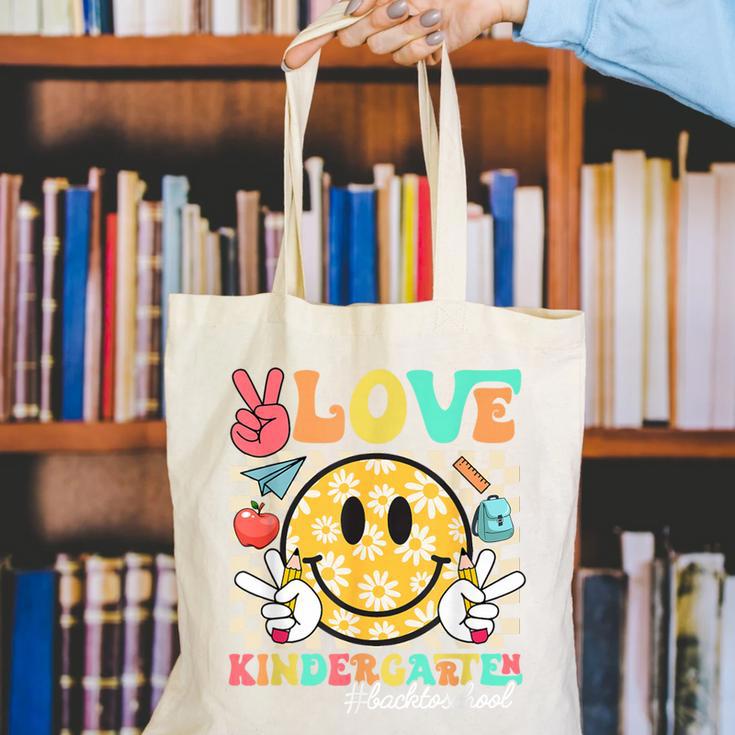 Peace Love Kindergarten Smile Face Back To School Girls Kids Canvas Tote Bag