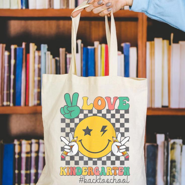 Peace Love Kindergarten Smile Face Hippie Back To School Canvas Tote Bag Peace Love Kindergarten Smile Face Hippie Back To School Canvas Tote Bag