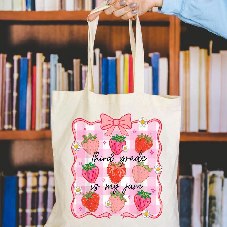 Preppy Back To School 3rd Grade Is My Jam Strawberry Bow Canvas Tote Bag Preppy Back To School 3rd Grade Is My Jam Strawberry Bow Canvas Tote Bag