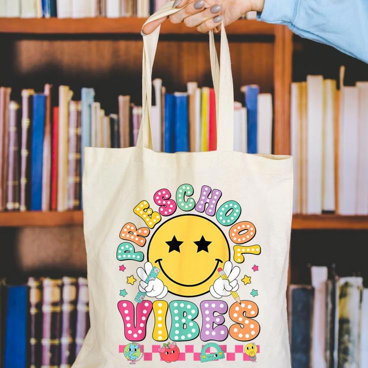 Preschool Vibes Smile Face Back To School Kinder Girls Kids Canvas Tote Bag Preschool Vibes Smile Face Back To School Kinder Girls Kids Canvas Tote Bag