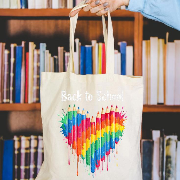 Rainbow Pencil Heart Back To School Creative Canvas Tote Bag Rainbow Pencil Heart Back To School Creative Canvas Tote Bag