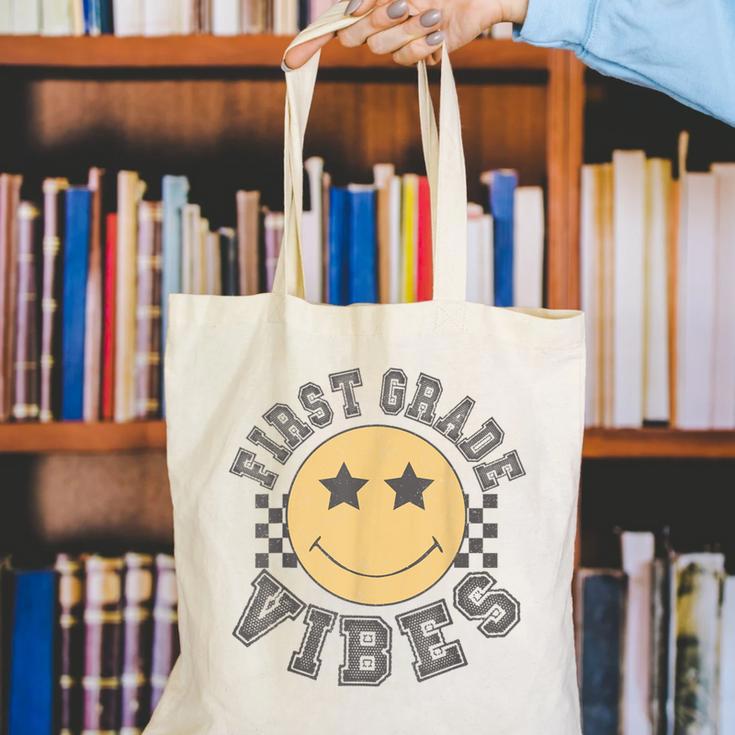 Retro First Grade Vibes Smile Face Back To School 1st Grade Canvas Tote Bag Retro First Grade Vibes Smile Face Back To School 1st Grade Canvas Tote Bag