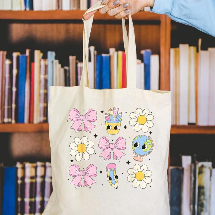 Retro Groovy Back To School Coquette First Day Of School Canvas Tote Bag Retro Groovy Back To School Coquette First Day Of School Canvas Tote Bag