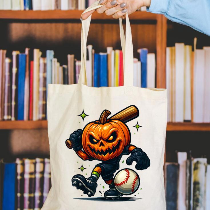 Spooky Halloween Scary Pumpkin Baseball Player Witchy Vibes Canvas Tote Bag